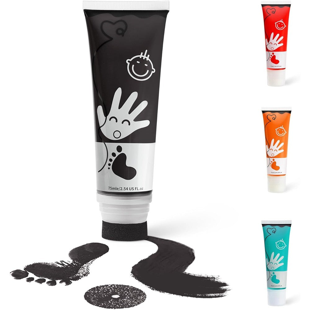 Sortnic baby hand and footprint ink kit front view of black seventy five milliliter tube with sponge applicator