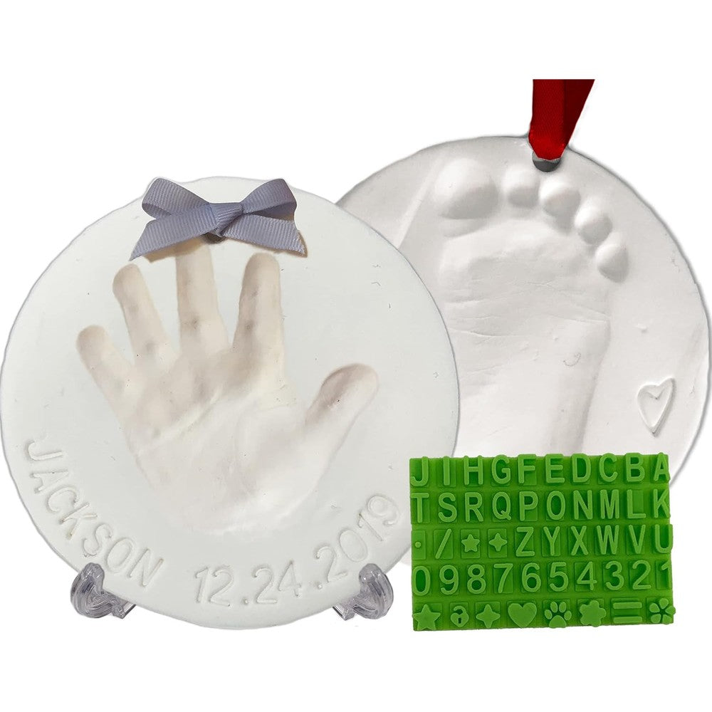 Baby Mushroom Handprint Footprint Keepsake Ornament Kit front view of packaging and finished clay imprints.