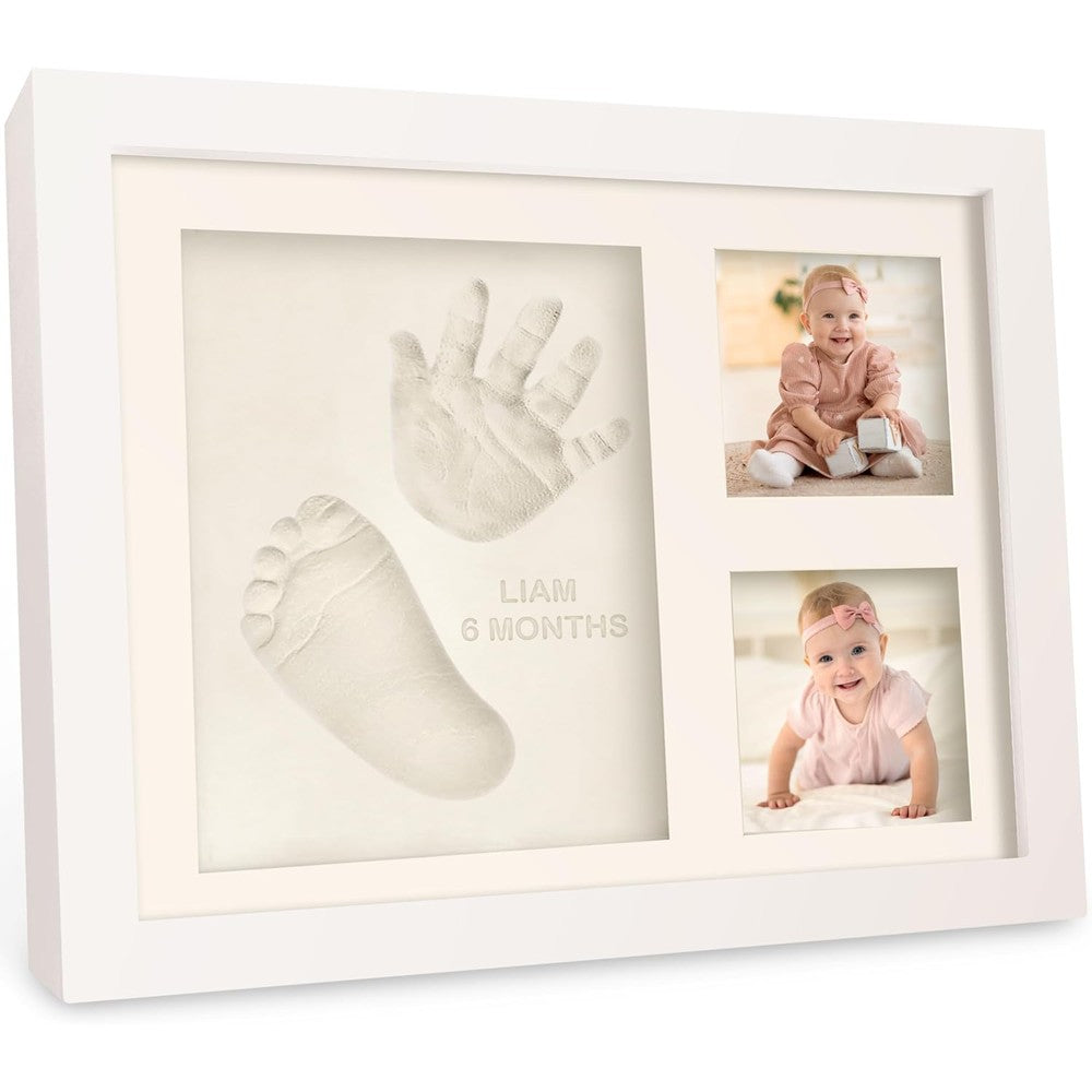 KeaBabies baby hand and footprint kit front view displaying wooden frame and clay impressions