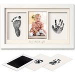 KeaBabies Inkless Baby Hand and Footprint Kit front view showcasing the white wooden photo frame with infant prints