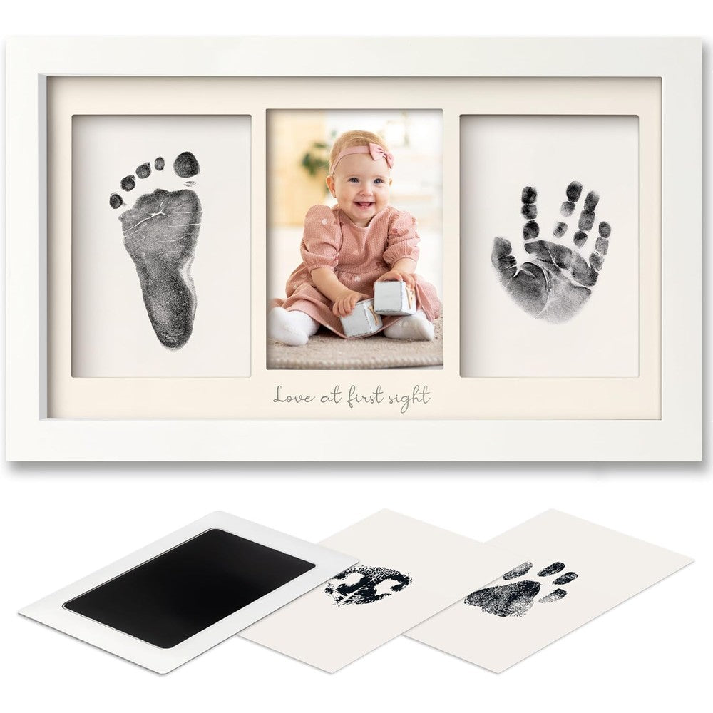KeaBabies Inkless Baby Hand and Footprint Kit front view showcasing the white wooden photo frame with infant prints