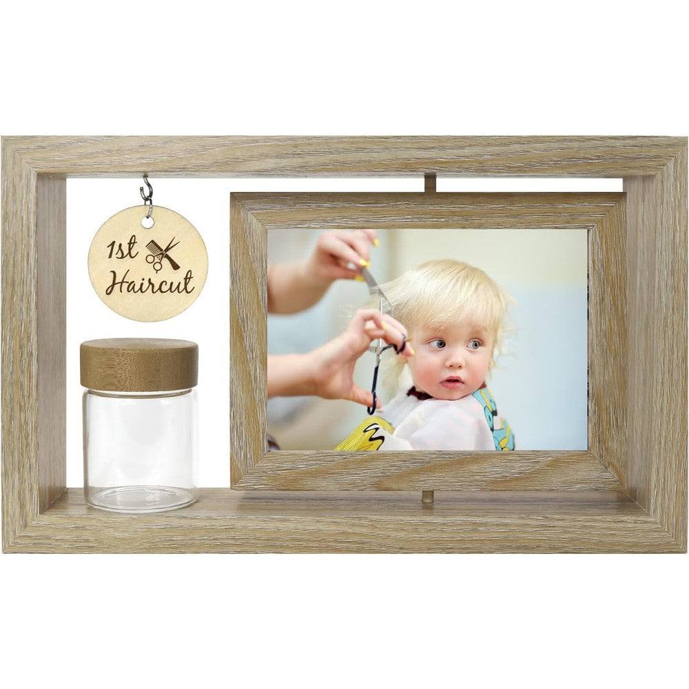 Liannan custom my first haircut keepsake frame front view showcasing rotatable wood design.