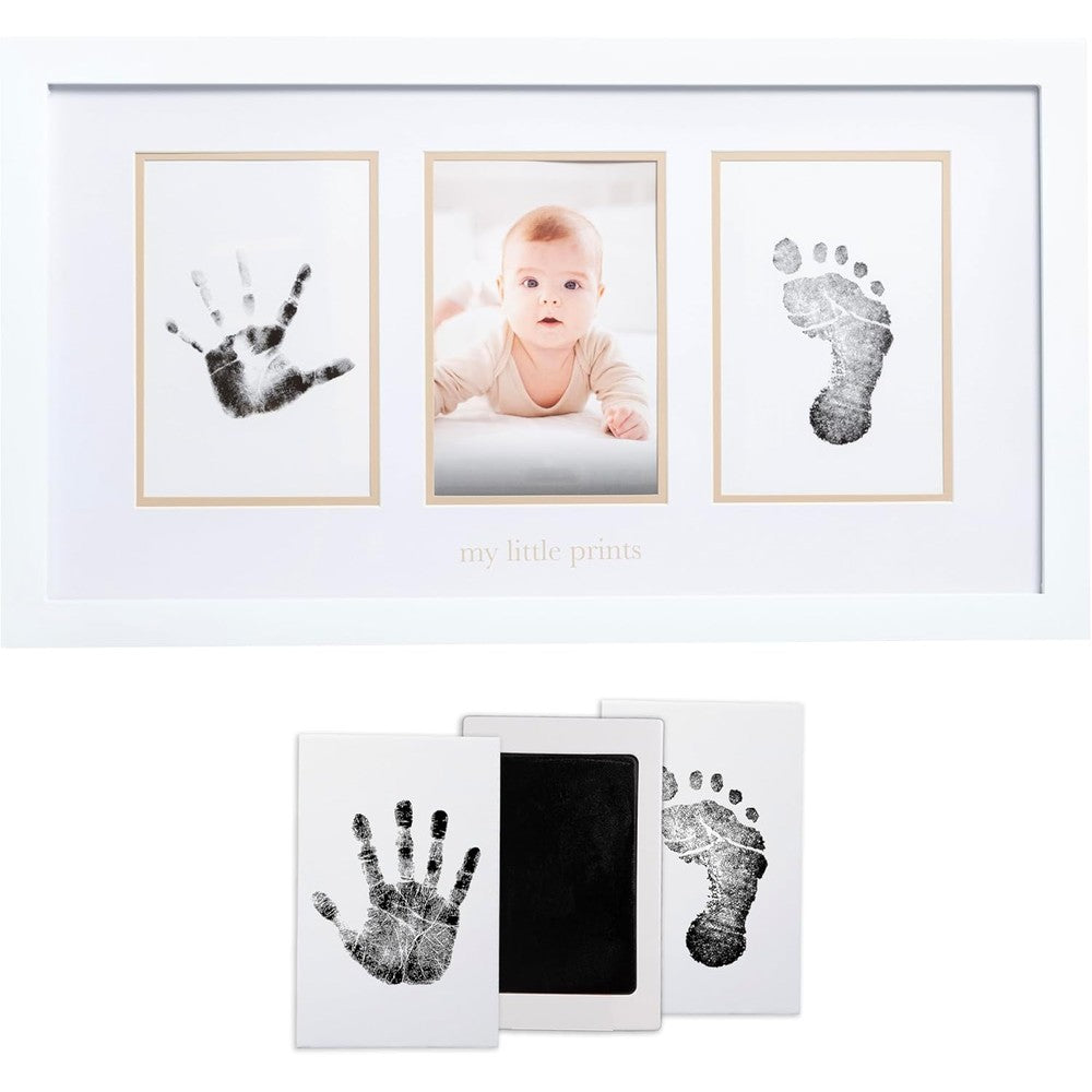 Pearhead baby hand and footprint keepsake frame front view on nursery wall
