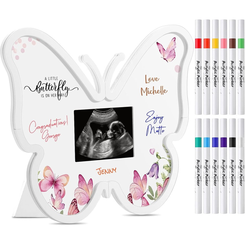 Thyle Butterfly Baby Shower Sonogram Frame front view showcasing central ultrasound photo slot and white wooden border.