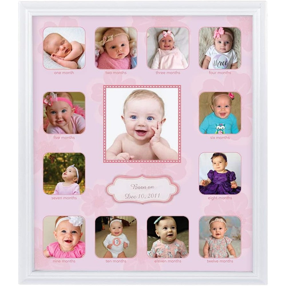 Comfecto baby first year photo frame front view showcasing twelve monthly milestone slots