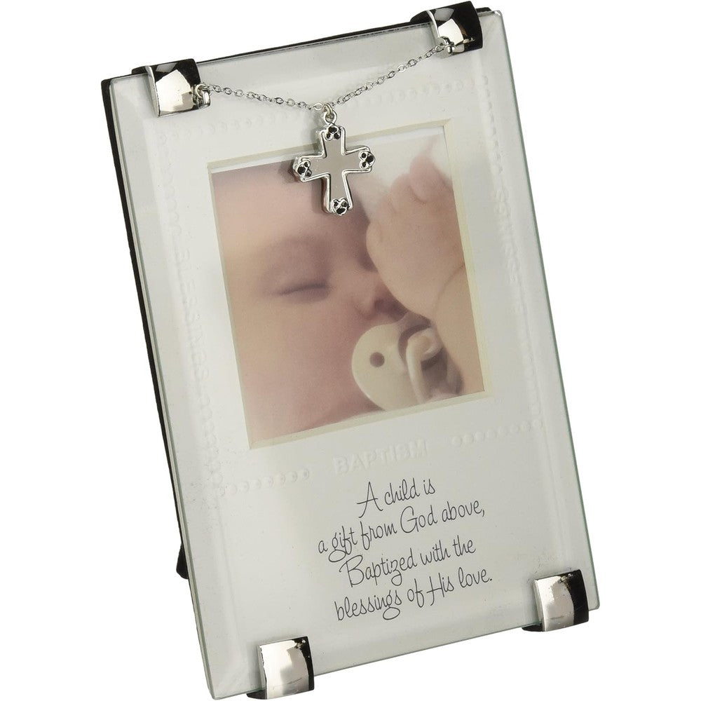 Mud Pie God's Gift Baptism Photo Frame front view with embossed blessings border and silver cross charm.