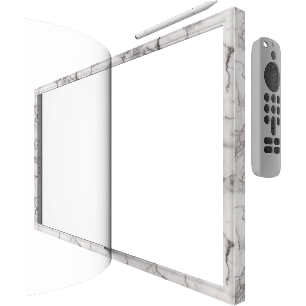 HOOKMEMO White Marble Silicone Frame for Echo Show 21 front view showing magnetic stylus attachment.