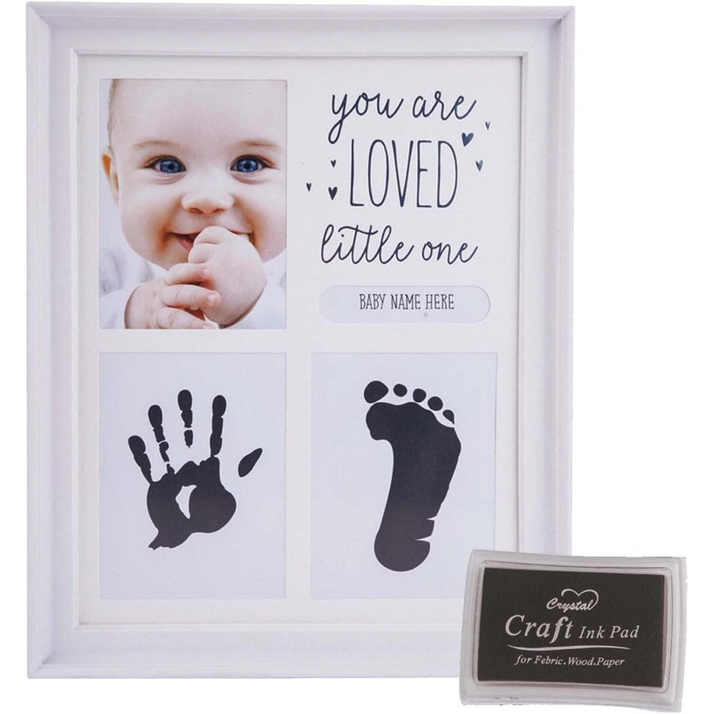 TRLREQ baby handprint and footprint kit front view displaying the white wooden frame with newborn prints.