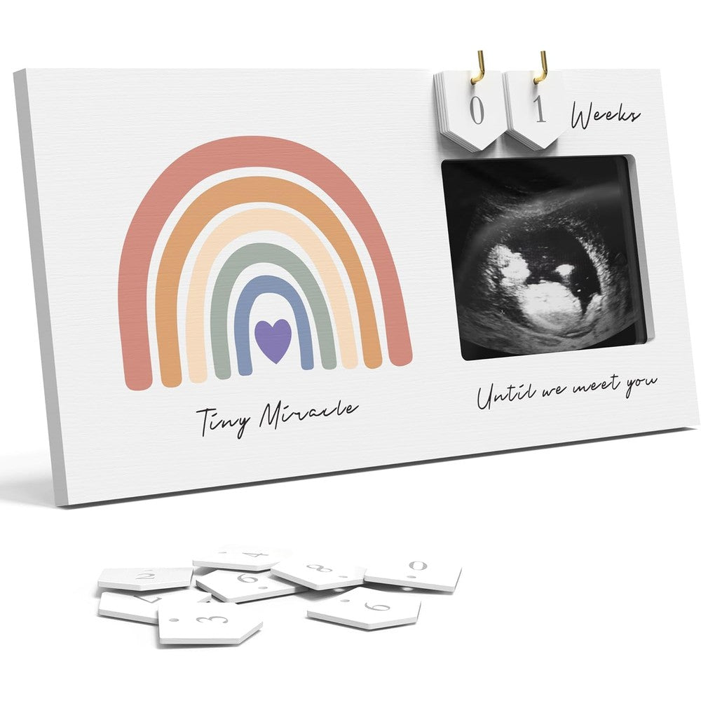 Eurset rainbow baby sonogram picture frame front view showing ultrasound photo opening and countdown number tiles.