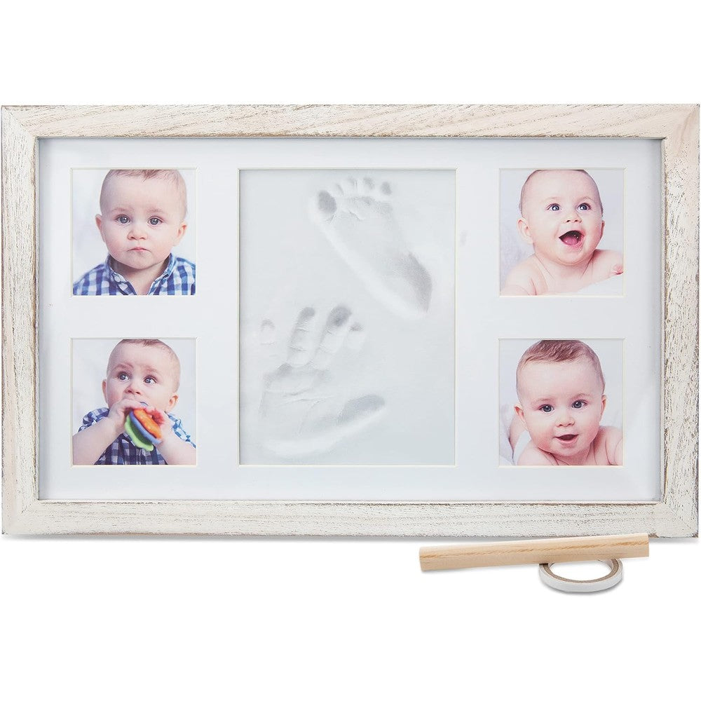 Little Hippo baby footprint kit front view showcasing rustic white frame and dual clay impressions.