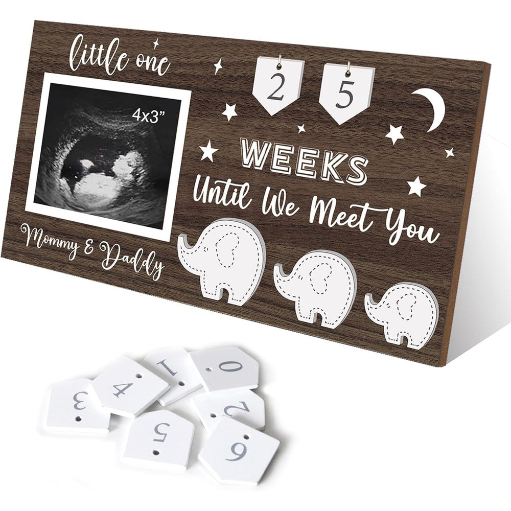 Yudarte ultrasound picture frame front view showing rustic wood finish and baby countdown tags.