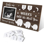 Yudarte ultrasound picture frame front view showing rustic wood finish and baby countdown tags.