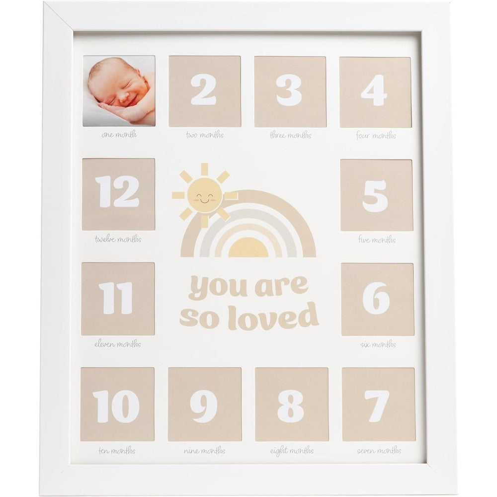 Kate and Milo My First Year Baby Photo Frame front view showing twelve monthly milestone slots.