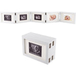 Biubee 5 folding sonogram picture frame front view displaying multiple baby ultrasound photos on a wooden tabletop