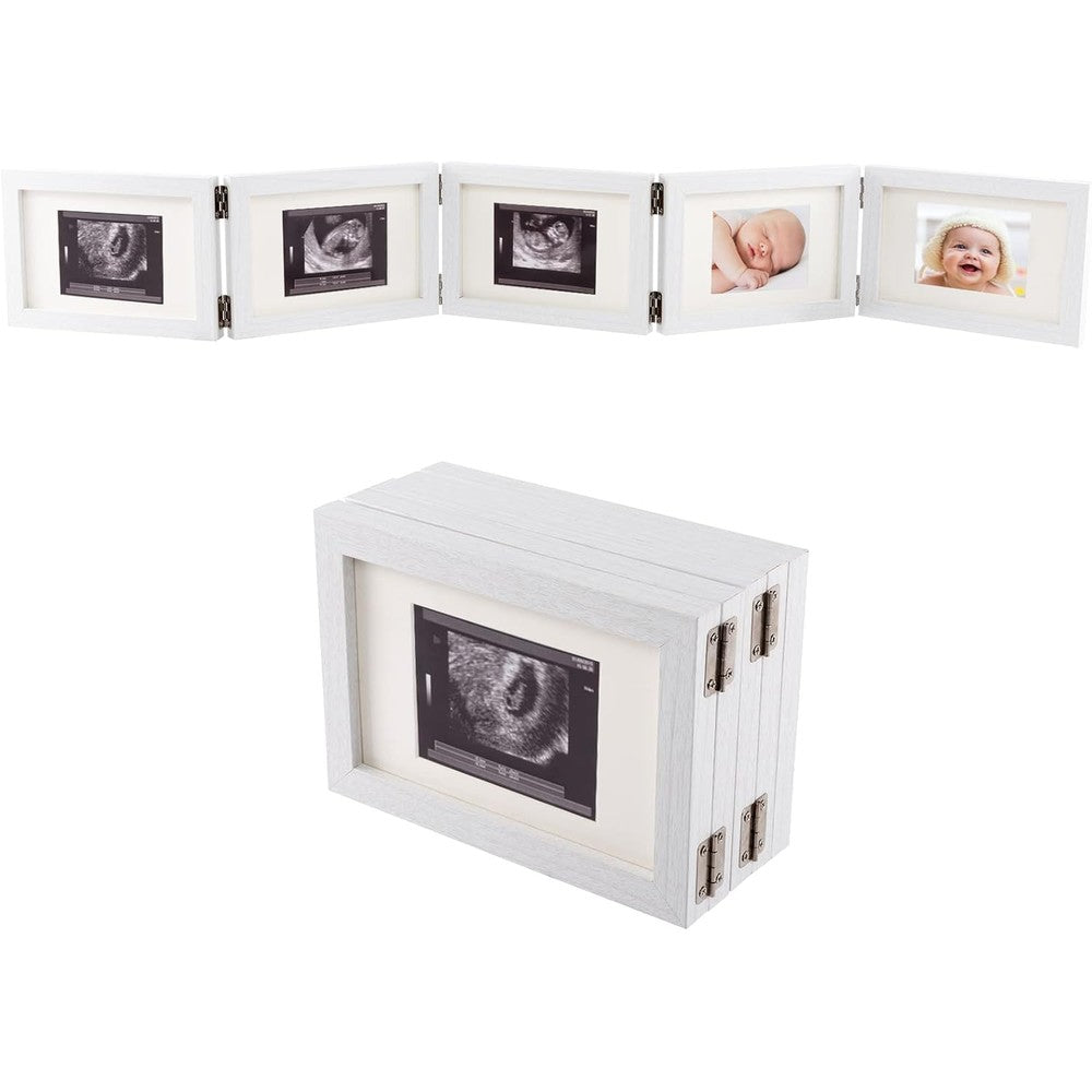 Biubee 5 folding sonogram picture frame front view displaying multiple baby ultrasound photos on a wooden tabletop