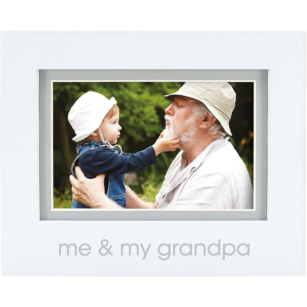 Pearhead Me and My Grandpa white picture frame front view showing the gray sentiment text and inner mat layout.