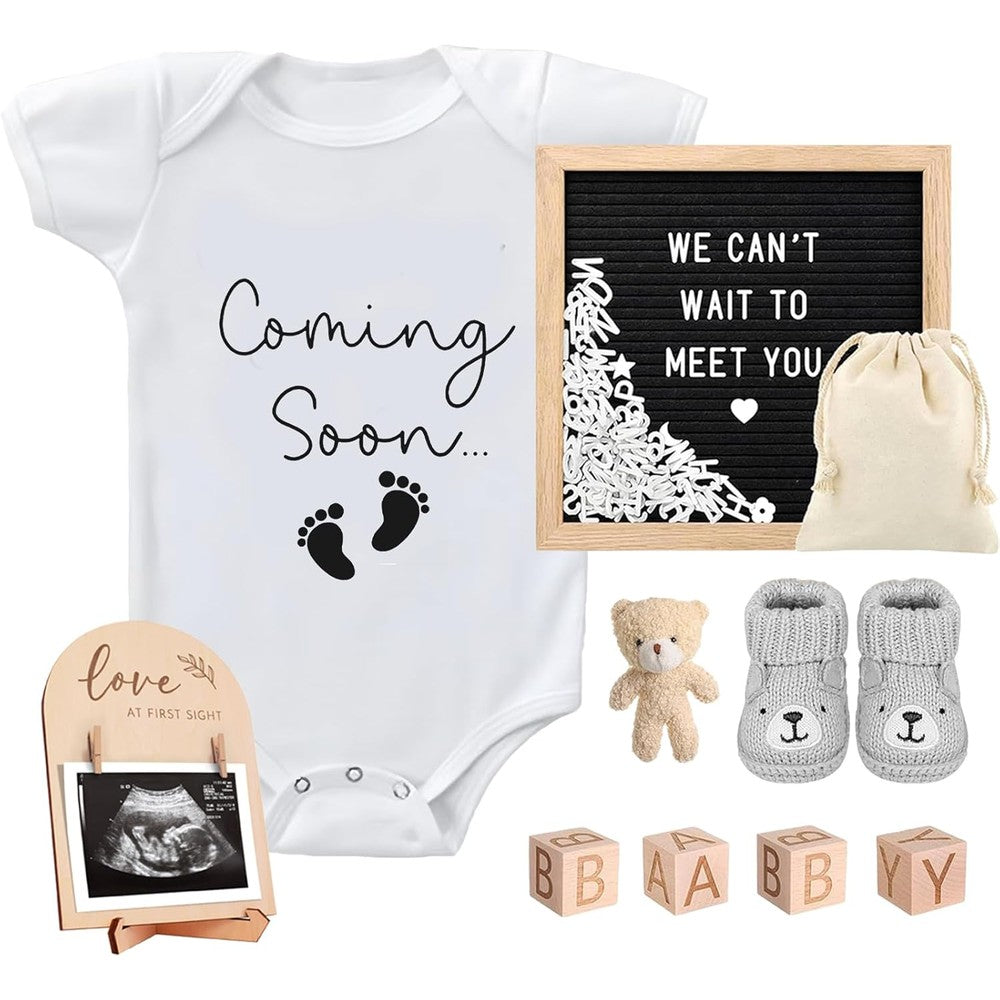 SytuHete pregnancy announcement set front view showcasing the customizable felt letter board and white cotton bodysuit.