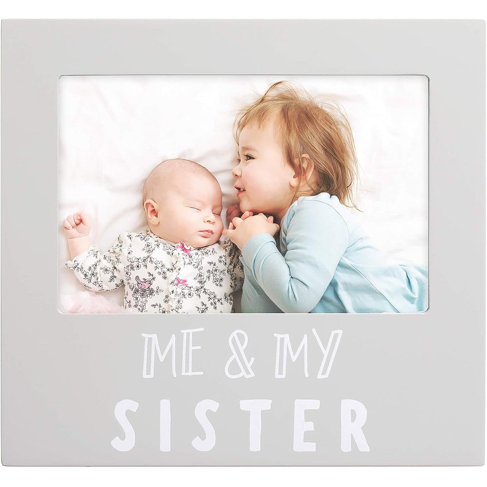 Pearhead Me and My Sister Sentiment Photo Frame front view showing gray wood and white lettering