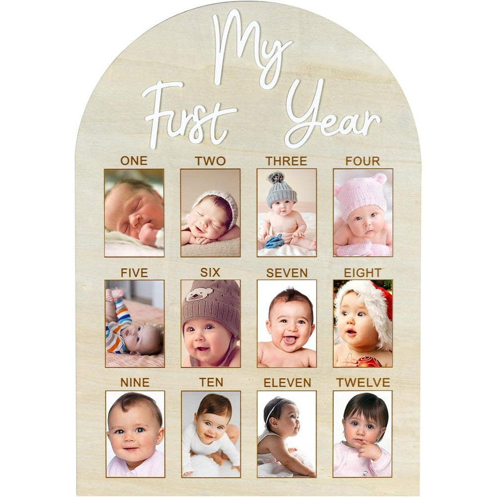Haoser My First Year Arch Photo Frame front view displaying twelve monthly milestone slots.