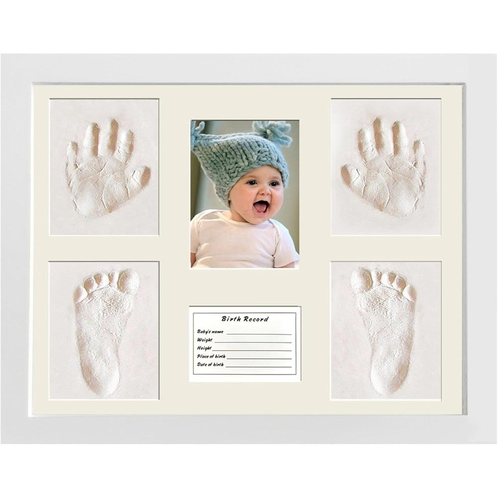 Womdee MICKYU personalized baby photo frame showing front view with handprint and footprint clay impressions