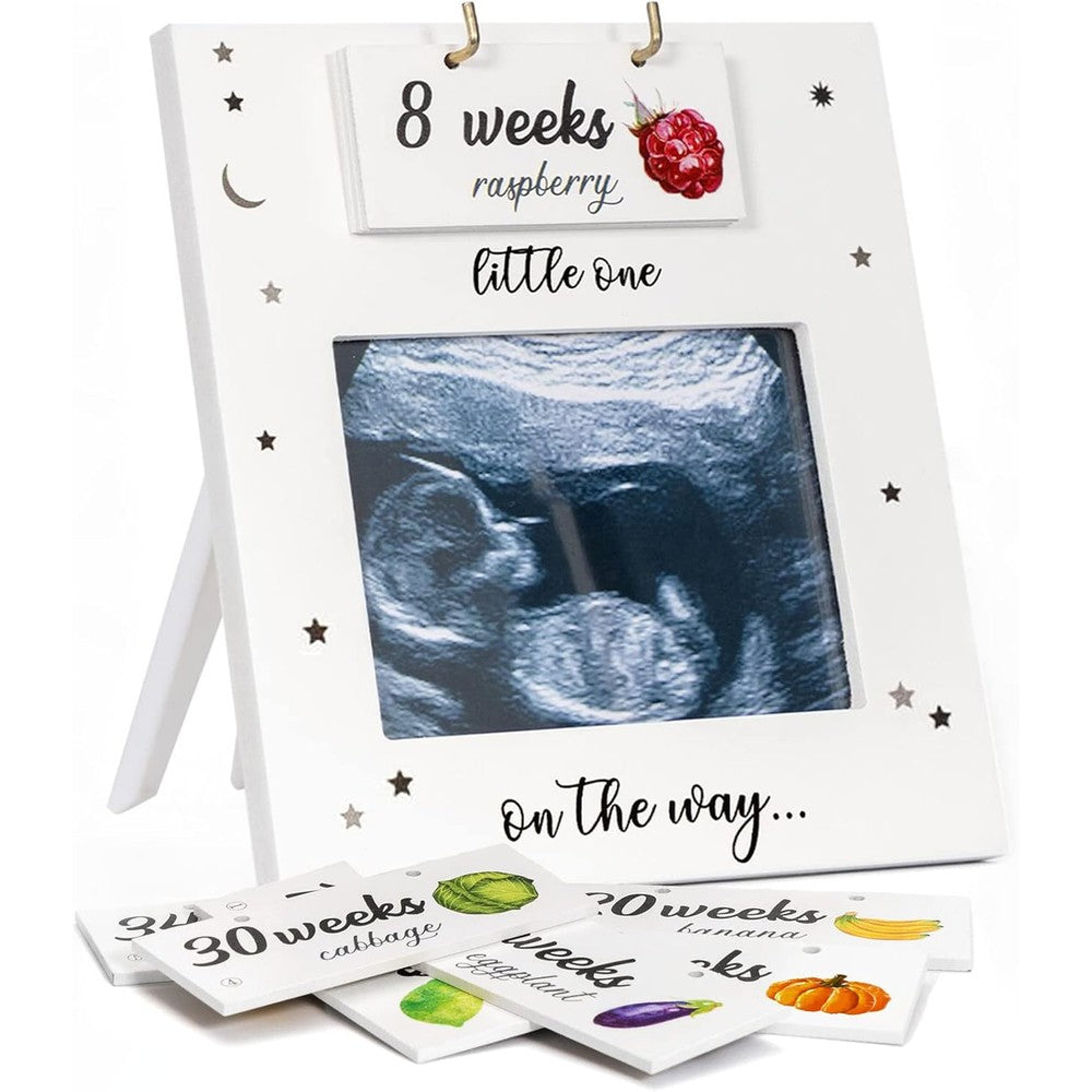 Jwitao ultrasound picture frame front view showing wooden sonogram display with fruit pregnancy tracker card.