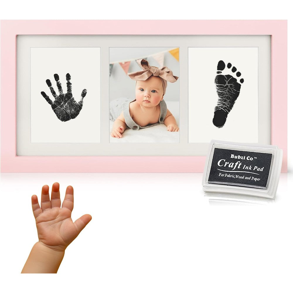 Bubzi Co baby handprint kit and footprint photo frame front view showing ballet pink border.