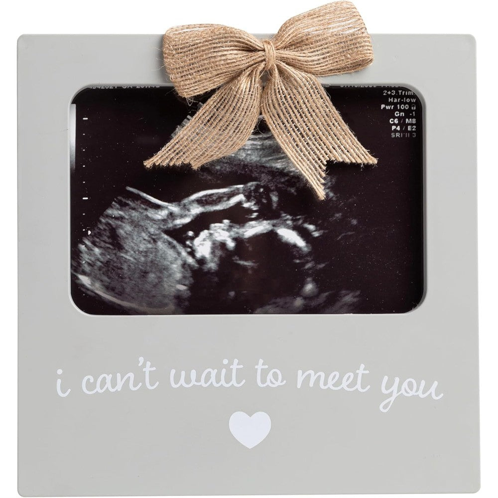 Kate and Milo baby sonogram photo frame front view with gray finish and burlap bow