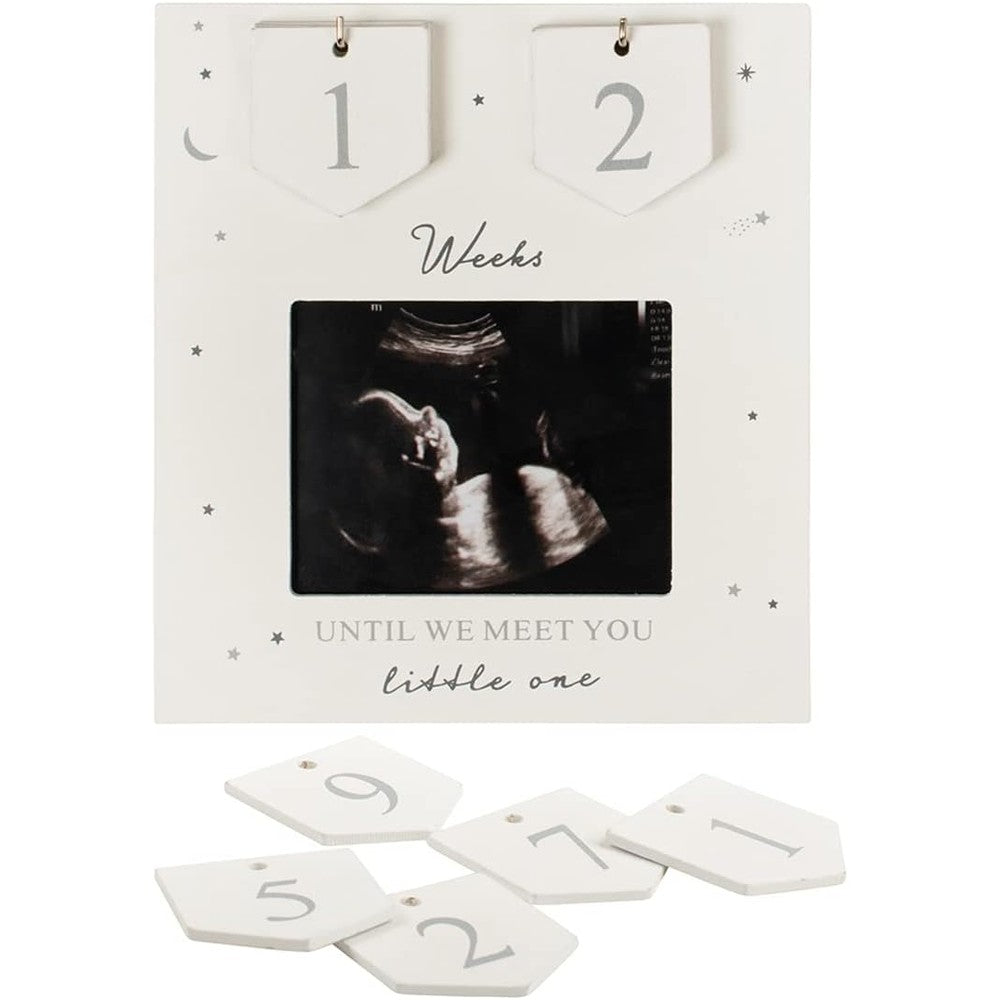 Boom Moments sonogram picture frame front view showing the weekly countdown numbers and stars design.