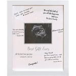 HAMUIERS Sonogram Signature Frame Guest Book front view featuring white wood border and central ultrasound photo opening.