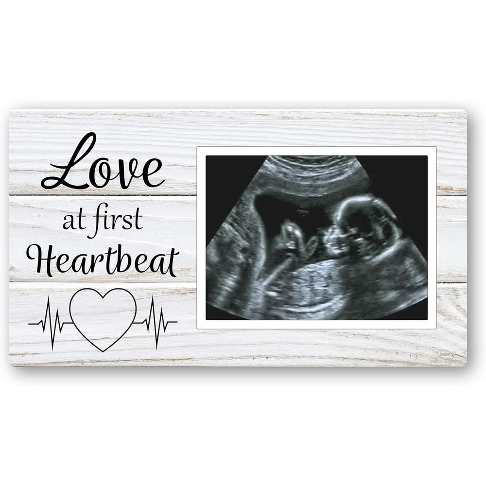 Brothers Bench Love at First Heartbeat ultrasound picture frame front view showing rustic white wood texture