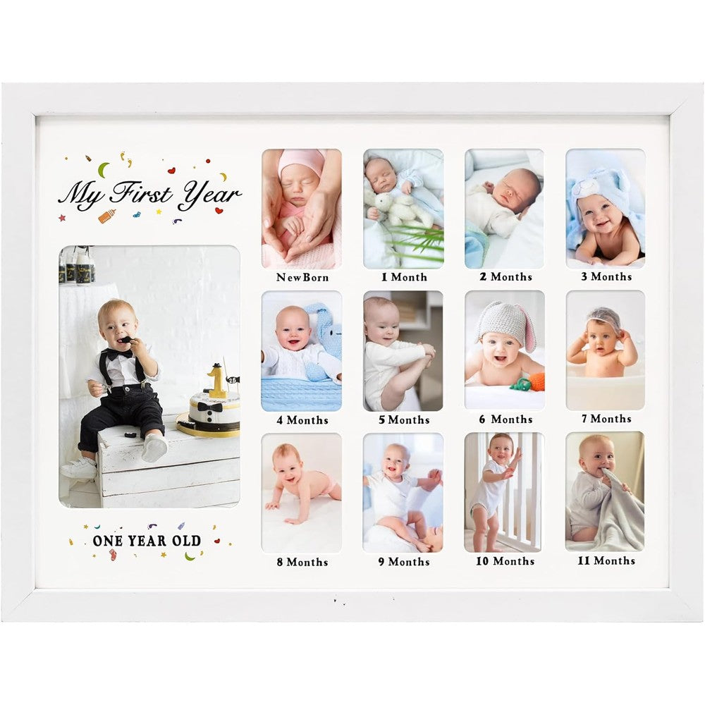 GMFrames Baby First Years Photo Frame white collage front view displaying twelve month milestone slots.