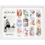 GMFrames Baby First Years Photo Frame white collage front view displaying twelve month milestone slots.