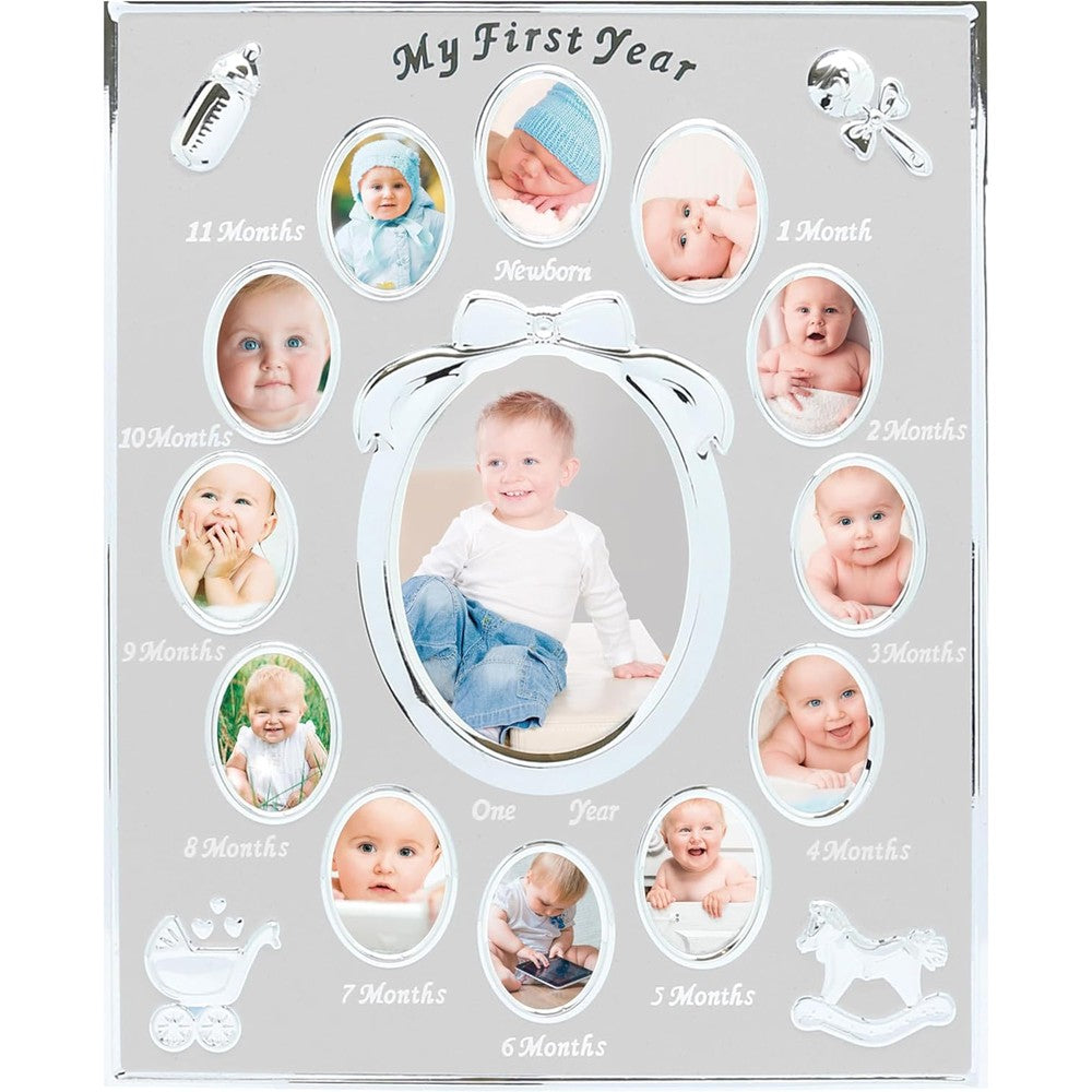 Tiny Ideas baby first year milestone picture frame front view silver metallic collage