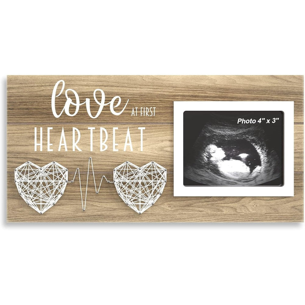 EURSET baby sonogram picture frame front view showing love at first heartbeat text and string hearts
