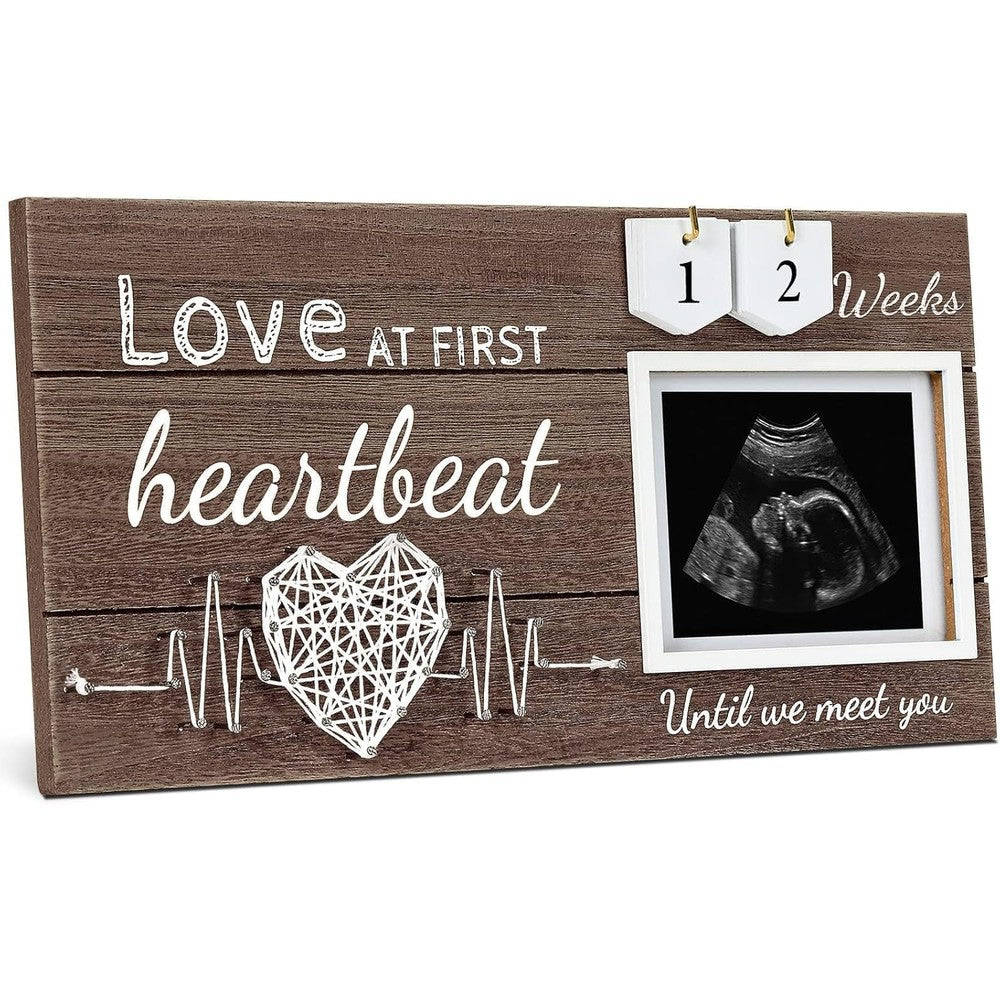 Garybank Love at First Heartbeat Ultrasound Picture Frame front view showcasing wooden countdown tiles and string art heart design