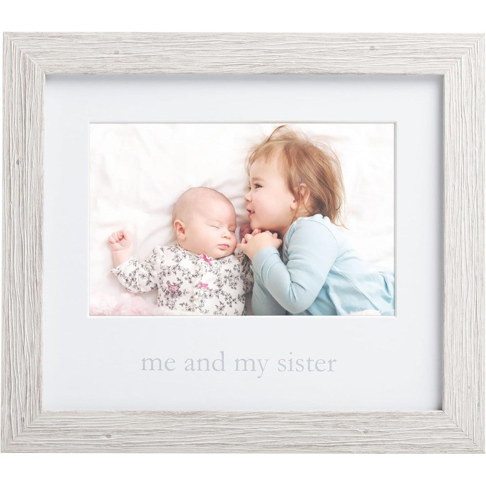 Kate And Milo Rustic Me And My Sister Frame front view showcasing the distressed white wood finish.
