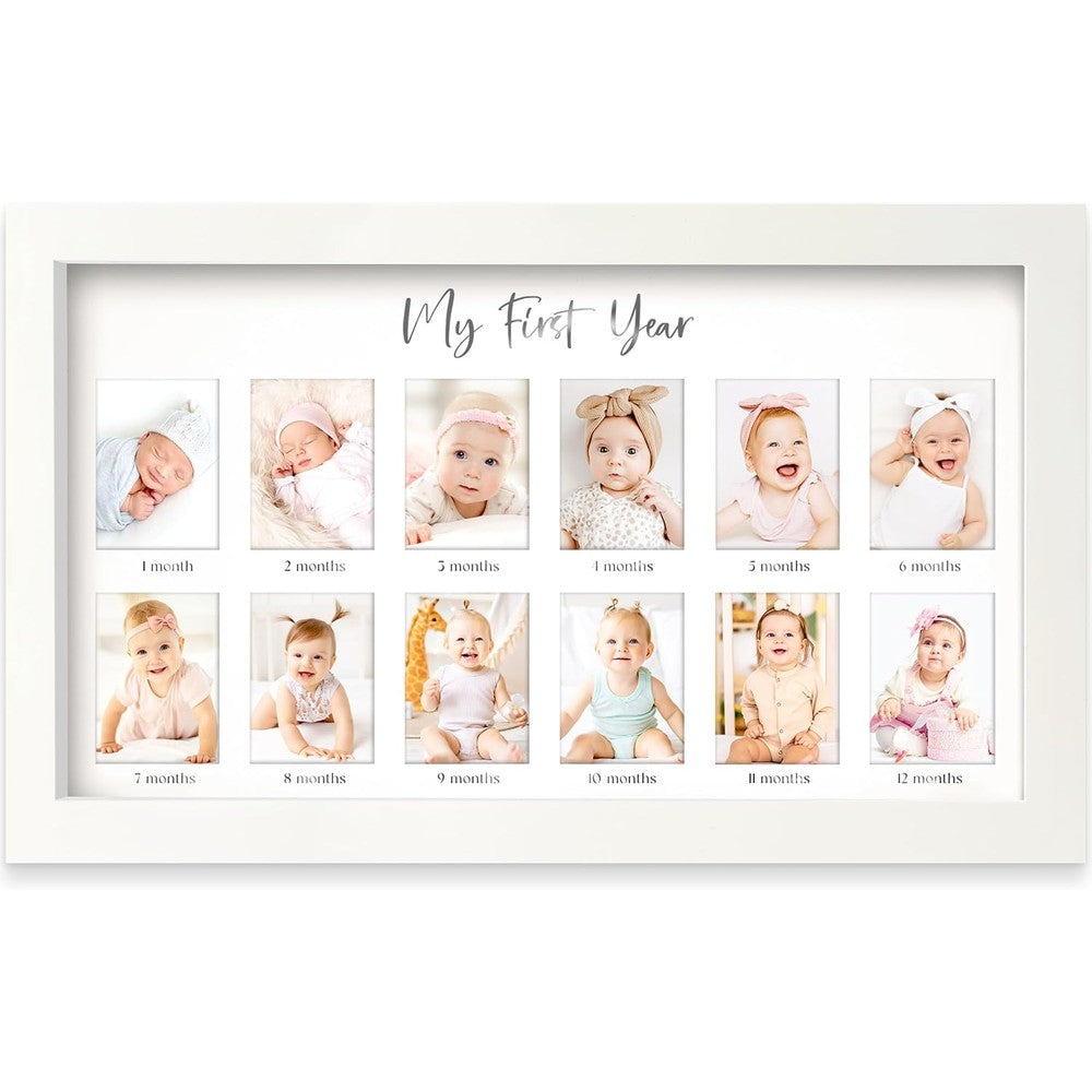 KeaBabies Nova My First Year Photo Frame front view displaying twelve monthly milestone picture slots in Alpine White.