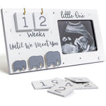 Jwitao sonogram picture frame front view showing the weekly countdown calendar and white wooden border.