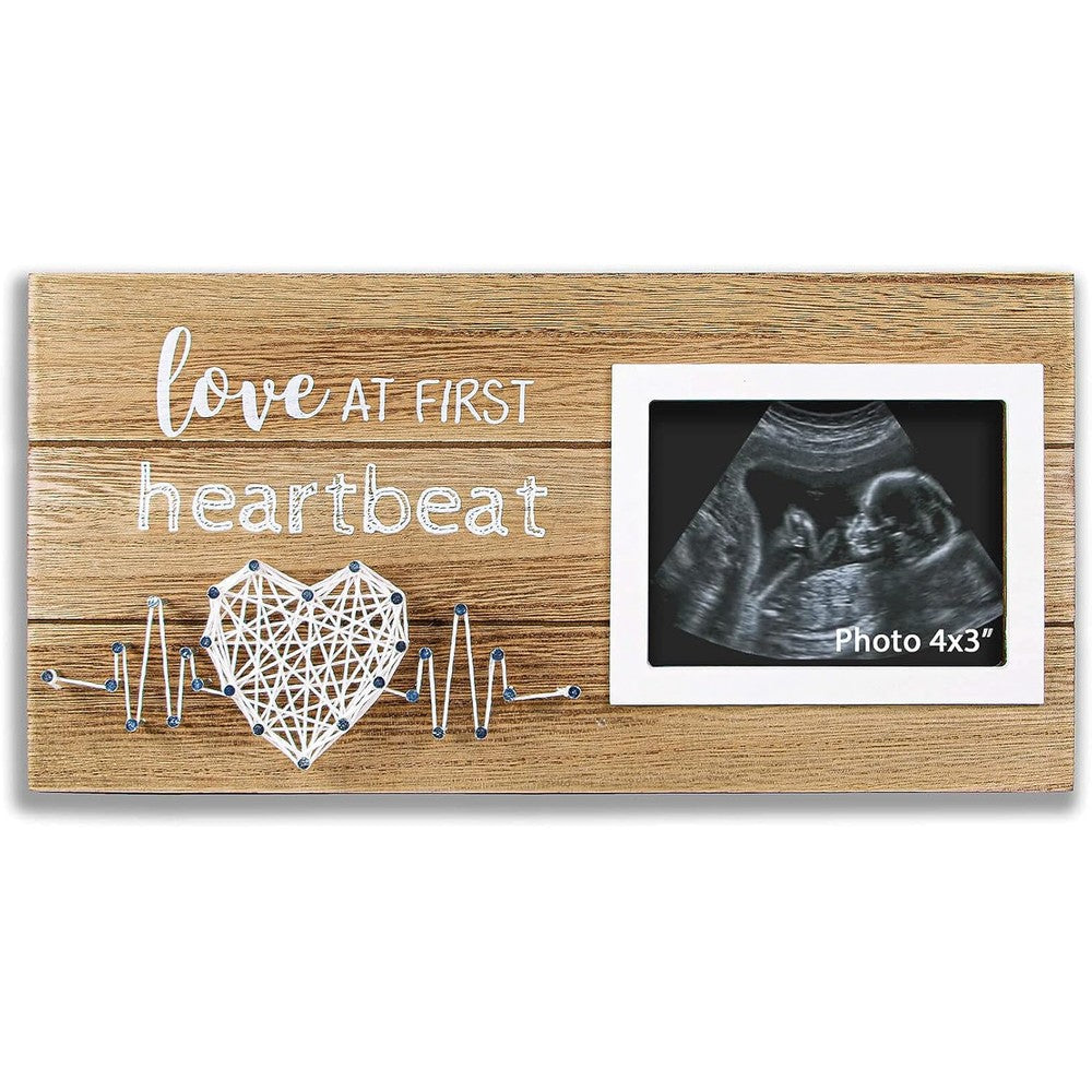 VILIGHT sonogram picture frame front view showing rustic wood texture and string art heart for pregnancy announcement
