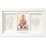 KeaBabies baby hand and footprint kit alpine white front view showing clay impressions and baby photo.