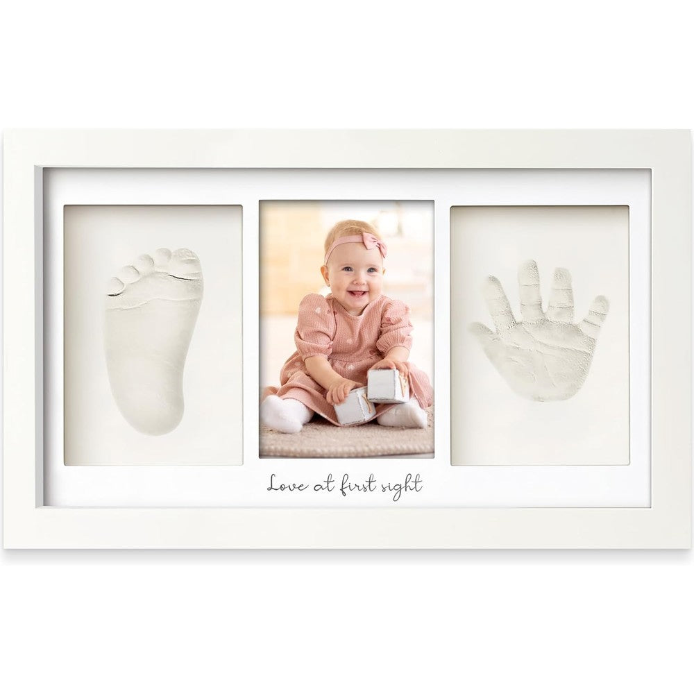 KeaBabies baby hand and footprint kit alpine white front view showing clay impressions and baby photo.