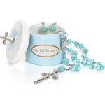 CalabasasMade My First Blue Rosary box front view showing the silver cross lid