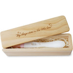 HAMUIERS pregnancy test keepsake box front view showing engraved wooden lid text