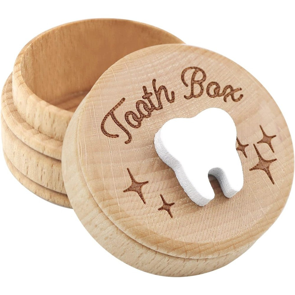 Xunboo wooden tooth fairy box front view with 3D tooth icon