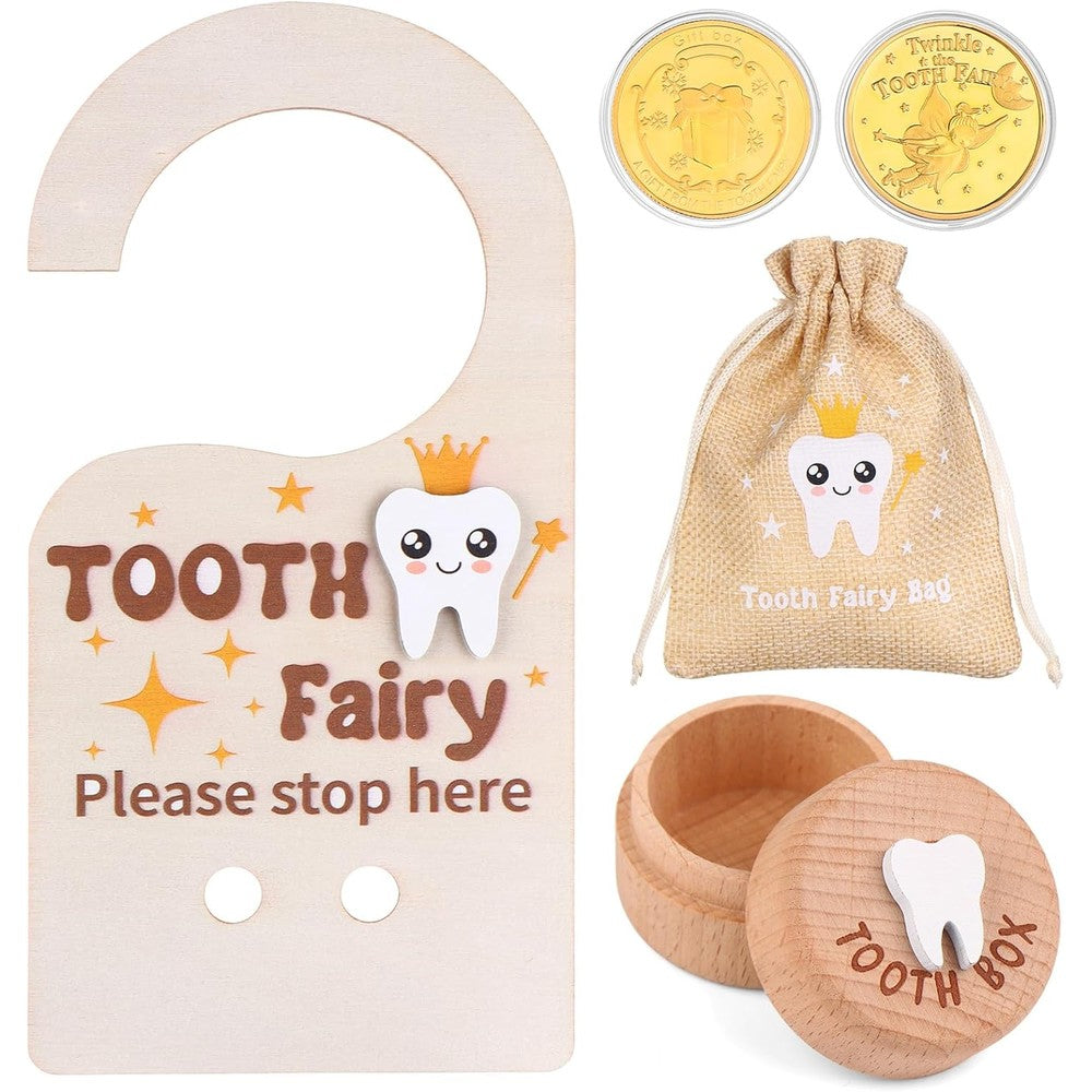 PartyYeah 4 Piece Wooden Tooth Fairy set front view with door hanger and box