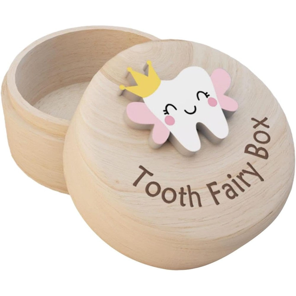Xihuadou tooth fairy wooden keepsake box front view with 3D tooth
