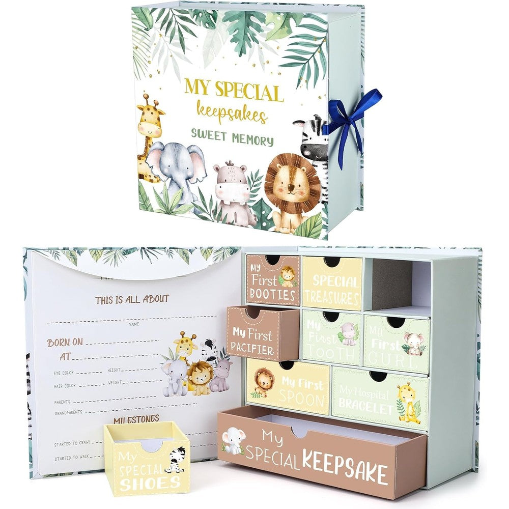 Ojustbeok baby keepsake box front view with jungle animal theme