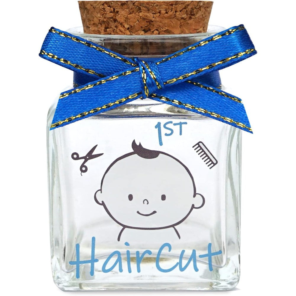 Hamuiers First Haircut Keepsake Holder glass jar front view