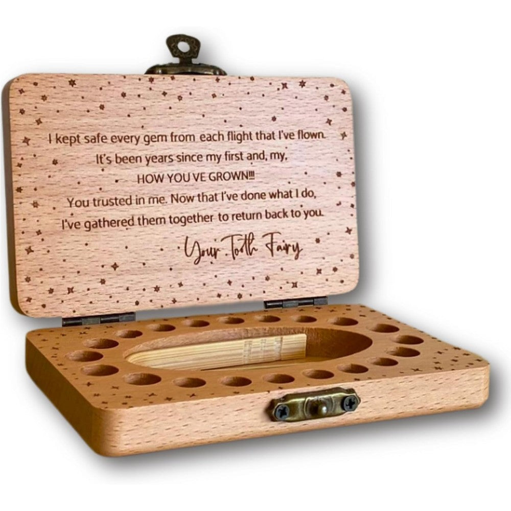 20 Moments of Tooth Fairy Keepsake Box natural beech wood front view