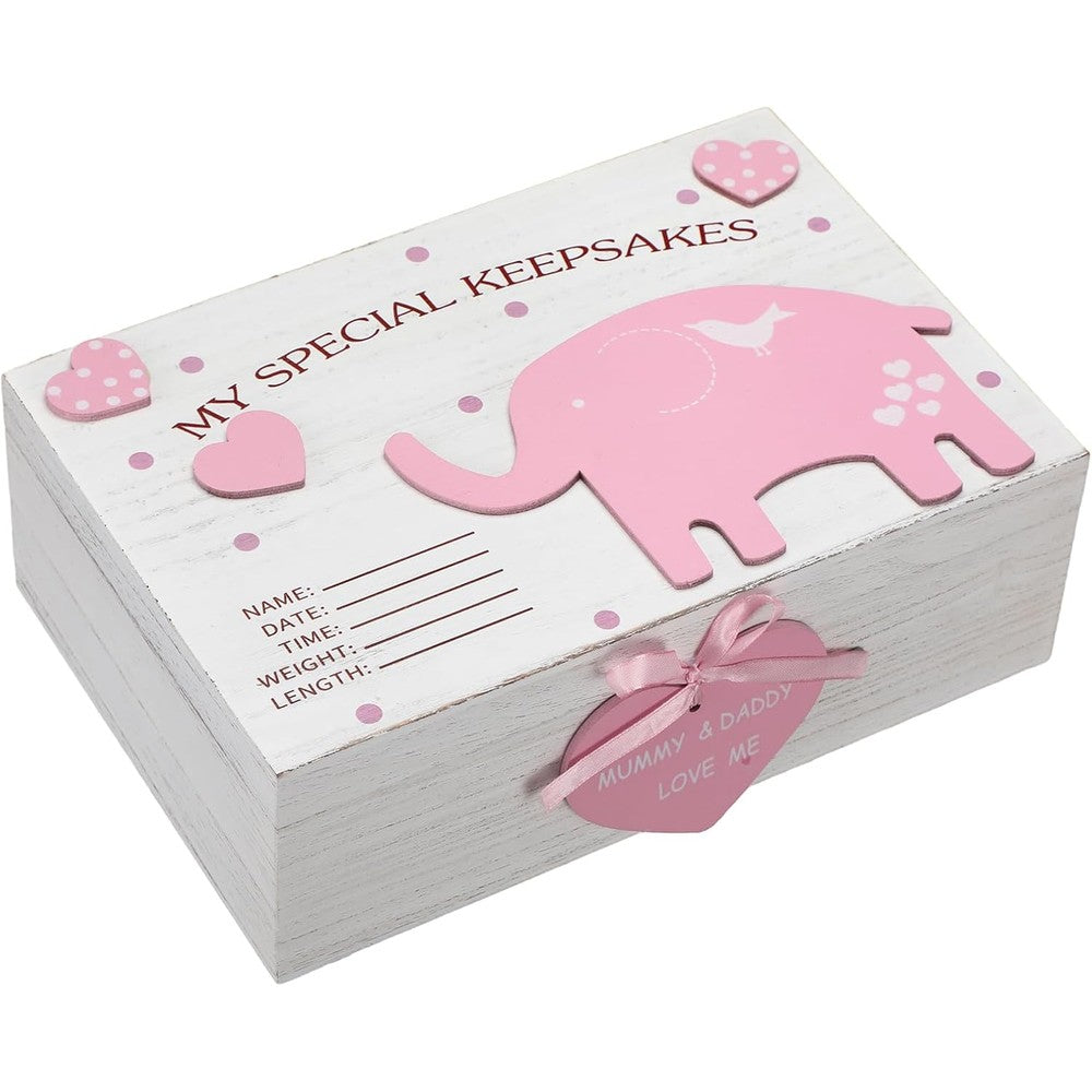 Soaoo 3D wooden baby memories keepsake box front view with pink elephant design